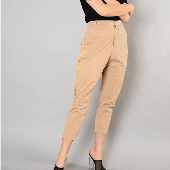 Nili Lotan Khaki Yellow Striped Linen Pants Size 10 - Picture 1 of 14